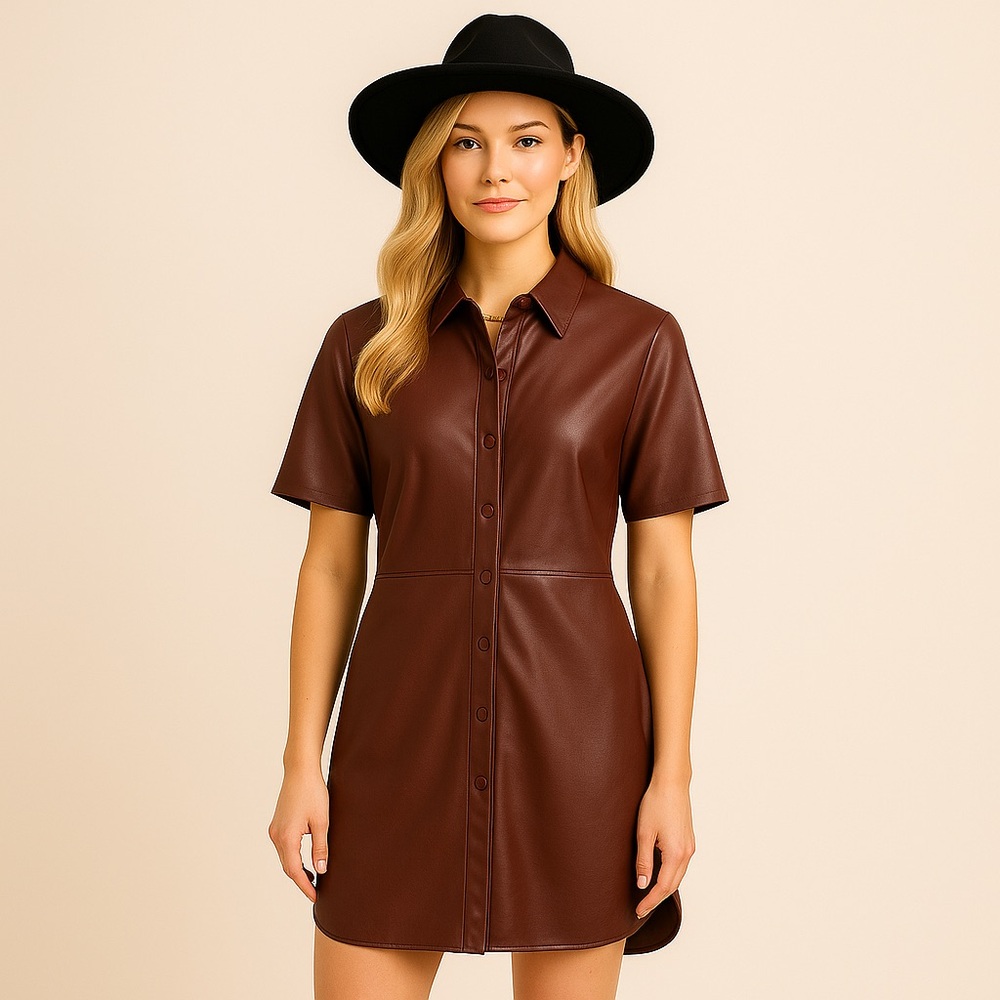 Soaked Faux Leather Brown Mini Dress | Contemporary Western Short Sleeve Small